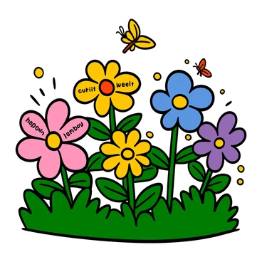 A vibrant garden filled with a variety of colorful flowers. Each flower has petals adorned with different vocabulary words written in clear letters. The petals are bright pink, sunny yellow, deep blue, and vivid purple, creating a striking contrast against the lush green foliage. The flowers are swaying gently in a light breeze, and there are butterflies flitting around, drawn to the petals. The sunlight casts warm rays, illuminating the words and making the garden feel lively and engaging.