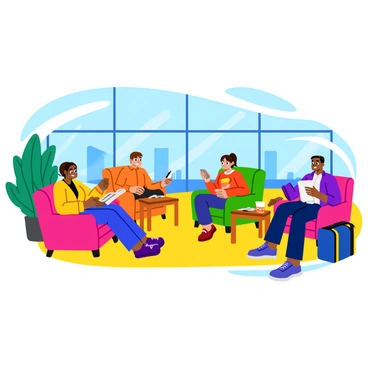 Travelers sitting comfortably in a cozy airport lounge with large, bright windows allowing sunlight to stream in. The lounge features plush, colorful armchairs and small wooden tables. Some travelers are reading books, while others are enjoying snacks and drinks from nearby kiosks. A large indoor plant adds a touch of greenery to the space, and a few carry-on bags are neatly placed beside the seating. The atmosphere is warm and inviting, perfect for relaxation before their flights.