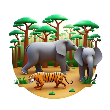 A tiger crouching low among the sparse trees in a shrinking forest. An elephant standing nearby, its large ears flared, looking alert. The forest background shows the diminishing foliage and scattered patches of grass, highlighting the effects of deforestation. Sunlight filters through the branches, casting sharp shadows on the ground.