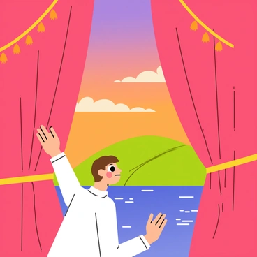 A person with short brown hair is dramatically pulling back a bright red curtain. The curtain has gold tassels hanging from the top and a textured pattern. Behind the curtain, a stunning view of a vibrant sunset is revealed, showcasing an orange and purple sky with fluffy clouds. Below the sky, there are green rolling hills and a sparkling lake reflecting the colors of the sunset.