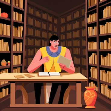 Gilgamesh reading ancient tablets in a library filled with scrolls and artifacts.