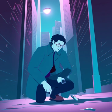 A detective with short, dark hair and wearing a long trench coat is crouched in a dimly lit alley. He is examining the ground closely with a magnifying glass, revealing intricate details of the scene. The alley is lined with old brick walls and scattered debris, illuminated by a faint light coming from a flickering street lamp above. Shadows cast by the tall buildings create a tense atmosphere. The detective's expression is focused and intense, suggesting deep concentration on the evidence in front of him.