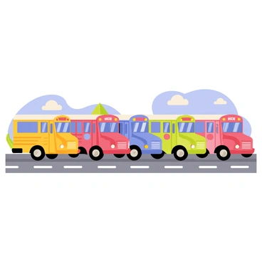 A row of colorful school buses parked side by side. Each bus features a distinct design, showcasing various vibrant hues such as yellow, red, blue, and green. The buses have large windows and prominent school bus signage on their sides. Some buses have unique features like a rounded front, while others have a more rectangular shape. The parking area is marked with white lines, and the background includes a clear blue sky and a few fluffy white clouds, enhancing the cheerful atmosphere of the scene.
