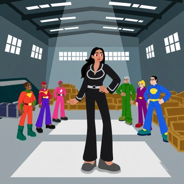 A powerful villainess stands confidently in the center of an abandoned warehouse. She has long, flowing black hair and wears a dark, elegant outfit adorned with silver accents. Her piercing red eyes scan the group of heroes gathered in front of her. The warehouse features high ceilings with broken windows, casting dramatic shadows on the concrete floor. Piles of old crates and discarded machinery are scattered throughout the space. The heroes, each with distinct appearances and costumes, are positioned in a defensive stance, ready to confront her. Tension fills the air as they prepare for the impending clash.