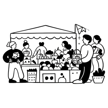 A character resembling "Miffy," a small bunny with a simplistic design, is seen at a bustling farmers market. She is holding a basket made of woven material, looking at an array of fresh produce displayed on wooden stalls. Various vegetables and fruits are neatly arranged, including carrots, tomatoes, and apples. Surrounding her are other market-goers, some inspecting goods and others chatting. In the background, there are colorful banners flapping lightly in the breeze, adding to the lively atmosphere of the market.