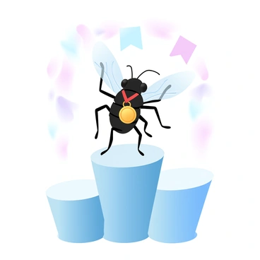A fly is standing proudly on a podium, celebrating its victory in a sports competition. The podium has three tiers, with the fly positioned on the highest tier. It is wearing a shiny gold medal around its neck, gleaming in the light. The background features an array of colorful flags fluttering in the air, adding to the festive atmosphere. The podium has a sleek design, and the surface is smooth with subtle gradient pastel colors.