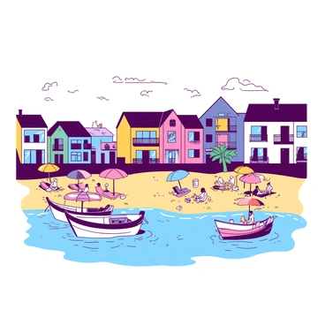 A duotone illustration features a coastal town with houses painted in various colors. Each house has a unique design, with some featuring balconies adorned with flowers. In the foreground, there are several boats gently bobbing in the harbor, reflecting the colors of the houses. On the sandy beach, groups of people are lounging under brightly colored umbrellas, enjoying the warmth of the sun. Some are playing beach volleyball while others are building sandcastles, creating a lively atmosphere by the water's edge. A few seagulls can be seen flying above, completing the scene.