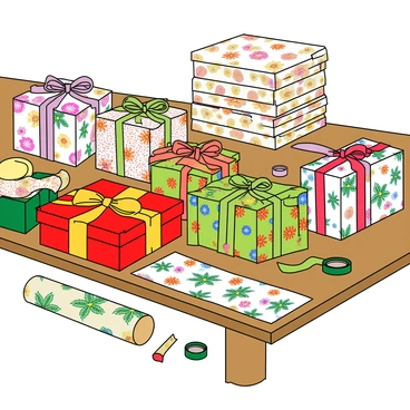 A colorful gift-wrapping station set up on a wooden table. The table is covered with various rolls of wrapping paper featuring beautiful patterns, including floral designs, geometric shapes, and playful animals. Scattered across the table are colorful ribbons, scissors, and rolls of tape. Several gifts of different sizes, wrapped in the stunning illustrated paper, are neatly arranged. A bright red box with gold ribbon stands out among the other parcels. In the background, a stack of unwrapped presents waits to be decorated, adding a sense of excitement to the scene.