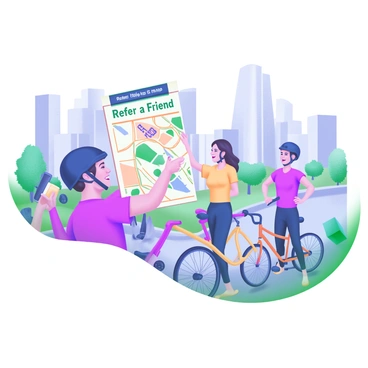 A group of friends on a city bike tour, with one friend holding a colorful "Refer-a-Friend" map. The scene captures the excitement of the tour, with bicycles of various colors parked nearby. The friend with the map is smiling and pointing at a highlighted route on the map. In the background, there are city buildings, trees, and pedestrians enjoying the day. One of the other friends is taking a picture, while another friend is standing with a helmet on, engaging in conversation.