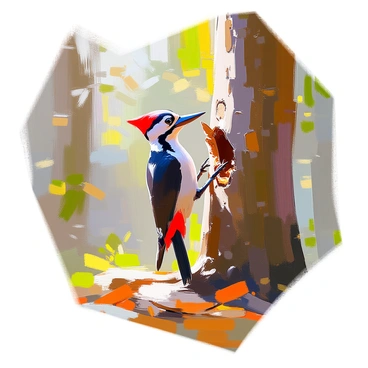 A woodpecker pecking at the bark of a tree in a dense forest