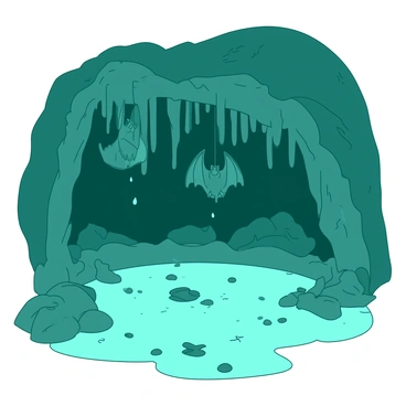 A dimly lit cave ecosystem with stalactites and bats hanging from the ceiling