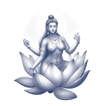A goddess with intricate features is seated gracefully on a large blooming lotus flower. She has multiple arms, each holding different symbolic objects. Surrounding her is a radiant glow that highlights her serene expression and elegant posture. The lotus petals are fully open, showcasing their delicate texture. The background features a soft, ethereal aura that enhances the divine atmosphere around her. The scene captures a sense of tranquility and beauty in a harmonious composition.