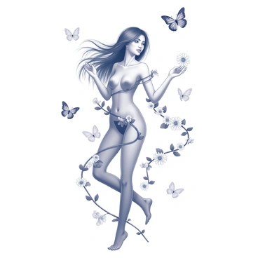 A woman with flowing hair is standing gracefully, her body intertwined with lush vines that wrap elegantly around her limbs. The vines are adorned with various blooming flowers, showcasing intricate details of petals and leaves. Surrounding her, multiple butterflies flutter about, their delicate wings flapping as they dance in the air, adding a sense of movement to the scene. The composition captures the harmony between the woman and the natural elements enveloping her, creating a captivating and enchanting atmosphere.