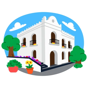 A large colonial building featuring a grand facade with white stucco walls and intricate architectural details, such as arched windows and wrought-iron balconies. The building is set against a clear blue sky. Vibrant, colorful flowers in shades of red, yellow, and purple are planted in large pots along the front steps and spill over the edges of the balconies. Lush green trees and plants surround the building, enhancing the lively atmosphere of the Latin American city.