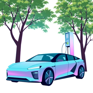 An electric car with a sleek, modern design is connected to a charging station. The car has a shiny metallic body and lighted accents. Surrounding the car are tall trees with lush, green leaves providing shade. Sunlight filters through the branches, creating dappled patterns on the ground. The charging station features digital displays indicating the charging status. A gentle breeze rustles the leaves, completing the serene atmosphere of this outdoor charging area.