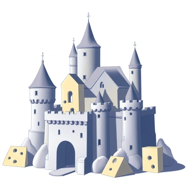 A large castle structure with multiple towers and battlements. The castle is sculpted to resemble various kinds of cheese, featuring distinct textures that suggest cheddar, blue cheese, and brie. The walls are thick and uneven, showcasing a curvy, organic appearance. The roof of the castle is adorned with intricate cheese shapes that mimic traditional architectural details. Surrounding the base of the castle, there are large blocks of cheese, some with holes, that serve as a decorative element. The setting includes a clear sky above, emphasizing the grandeur of the castle.