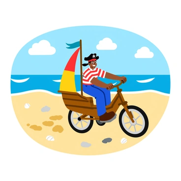 A cartoon pirate with a big grin is wearing a classic pirate hat and a striped shirt. He is pedaling a ship-shaped bike that features a colorful sail and wooden-like detailing. The bike is moving over a sandy beach, with footprints trailing behind it. In the background, there are gentle waves lapping at the shore and a bright blue sky dotted with fluffy white clouds. Seashells and small rocks are scattered on the sand around the bike, adding to the beach scene.