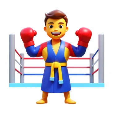 A young fan wearing a vibrant boxing robe with bold colors and designs, complemented by bright red boxing gloves. The fan stands confidently in a playful boxing stance, mimicking the signature pose of their favorite boxer. The background features a gym setting with a boxing ring and training equipment visible, enhancing the athletic atmosphere. The fan's expression shows determination and excitement, embodying the spirit of a true boxing enthusiast.