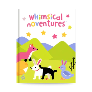 A storybook cover featuring a colorful, whimsical design. The background is filled with lush green hills and bright blue skies. In the foreground, there are various cartoon animals, including a cheerful fox, a curious rabbit, and a singing bird, all interacting playfully. The title "Whimsical Adventures" is prominently displayed at the top in a playful illustration font, surrounded by floating stars and flowers. The overall color palette is vibrant, incorporating shades of pink, yellow, and lavender, creating an enchanting atmosphere.
