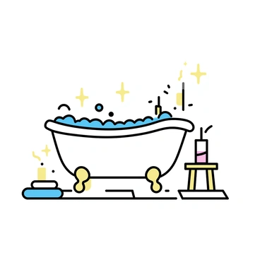 A vintage clawfoot tub is filled with bubbles, resting on a tiled floor. The tub is white with gold accents, and the bubbles overflow gently over the edges. Surrounding the tub are several lit candles, casting a soft glow. There are plush towels neatly arranged nearby, and a small wooden stool beside the tub holds a glass of sparkling water. The ambiance is warm and inviting, with the flickering candlelight enhancing the luxurious feel of the scene.