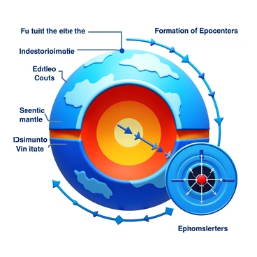 A detailed educational illustration depicting the structure of the Earth. The image includes distinct layers of the Earth: the crust, mantle, outer core, and inner core. Each layer is labeled clearly. Arrows indicate tectonic plate movements, highlighting areas where earthquakes may occur. A magnified view demonstrates an epicenter's formation, showing seismic waves radiating from the center. The background includes a grid to emphasize the geological context. "Structure of the Earth" and "Formation of Epicenters" are prominently displayed in a clear font.