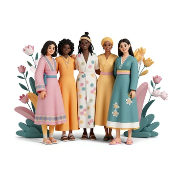 A group of women standing together, each wearing unique cultural outfits that reflect their diverse backgrounds. One woman wears a colorful sari adorned with intricate patterns, while another sports a traditional Japanese kimono with beautiful cherry blossom designs. A third woman is dressed in a vibrant African kente cloth dress, and another wears a flowing Mexican folkloric dress with embroidered details. The women are smiling and posing confidently, with their arms around each other, against a backdrop of bright flowers and greenery, creating a lively and festive atmosphere.