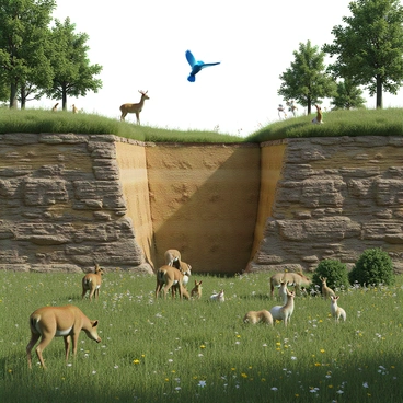 A normal dip slip fault cutting through a rugged landscape, revealing layers of exposed rock with varying colors and textures. In the foreground, lush green grass and wildflowers thrive, adding splashes of color to the scene. A family of deer can be seen grazing nearby, while a vibrant bluebird flies overhead against a clear sky. Small mammals, such as rabbits and squirrels, can be spotted in the underbrush, contributing to the lively atmosphere of wildlife. The surrounding trees are tall and full of foliage, providing shelter for various birds and small creatures. The scene captures the harmony of nature and geological features coexisting beautifully.