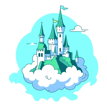 A whimsical castle with tall, pointed towers is floating among fluffy, white clouds in a bright blue sky. The castle is constructed from a combination of shimmering white and teal stones, giving it a magical appearance. Each tower is adorned with colorful flags fluttering gently in the breeze. Below the castle, the clouds appear soft and fluffy, creating a dreamlike atmosphere around the floating structure. The sun peeks from behind the clouds, casting light on the castle's intricate details and enhancing its enchanting charm.