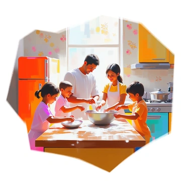 A vintage kitchen filled with colorful appliances, including a bright red refrigerator, a turquoise stove, and a yellow microwave. The walls are adorned with retro wallpaper featuring floral patterns. In the foreground, a family of four is cooking together, with two children helping their parent knead dough on a wooden countertop. One child is stirring a bowl while the other is sprinkling flour. The parent, with light skin and dark hair, is smiling as they guide the children. Sunlight streams through a window, illuminating the cheerful, bustling scene.