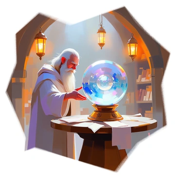 A wise old wizard named "Merlin" with a long white beard and a flowing robe is standing in a dimly lit room filled with ancient artifacts and scrolls. He is gazing intently into a large crystal ball that reflects swirling mists and visions of the future. The crystal ball is placed on a wooden table adorned with intricate carvings. The walls of the room are lined with shelves filled with ancient books and magical trinkets. Soft light emanates from hanging lanterns, casting shadows that dance around the space. Merlin's expression is focused and contemplative as he studies the images within the crystal ball, which seem to reveal glimpses of distant lands and events yet to come.