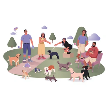 A digital flat illustration depicting a busy dog park filled with pet owners. In the center, a group of five people is gathered. There is a man with light skin and short brown hair wearing a blue t-shirt and jeans, laughing as he throws a frisbee. Next to him, a woman with medium skin and long curly hair is crouching down, petting a small white dog. To her right, a tall woman with dark skin is standing, holding a large black dog on a leash, wearing a yellow dress. A man with a beard and glasses is sitting on a bench, wearing a red hoodie and khaki shorts, watching the dogs play. Surrounding them are various dogs of different breeds and sizes, including a golden retriever chasing a ball, a beagle sniffing around, and a poodle interacting with a child. The background features trees and a blue sky, creating a lively atmosphere.