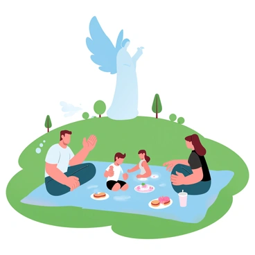 A family is sitting on a vibrant picnic blanket spread out on a grassy knoll. The family consists of two adults and two children, with the adults sitting cross-legged and the children playing nearby. An assortment of picnic food items, such as sandwiches, fruits, and beverages, is arranged on the blanket. In the background, the "Angel of the North" statue stands tall, its large wings spread wide against the sky. The scene is filled with lush green grass, and there are a few trees scattered around the knoll. The atmosphere conveys a sense of enjoyment and togetherness.