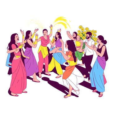 A group of guests, wearing colorful traditional attire, are dancing joyfully at a haldi ceremony. They are surrounded by vibrant decorations that enhance the festive atmosphere. Yellow powder is floating in the air, creating a playful and joyous scene. Some guests have yellow powder smeared on their faces and arms, while others are laughing and clapping along to the rhythmic music. In the background, there are bright yellow marigold flowers adorning the space, adding to the celebratory mood.