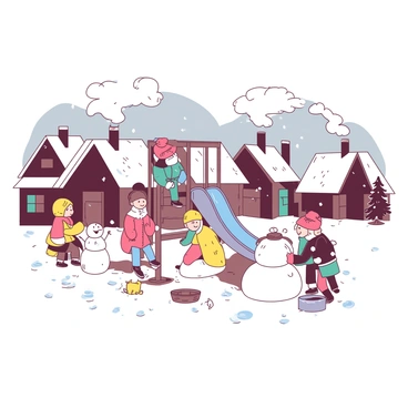 A group of children dressed in colorful winter clothing is playing in a snow-covered playground. The playground features a set of swings and slides, both covered in a layer of fresh, white snow. In the background, quaint village houses with smoke rising from chimneys create a picturesque wintry scene. Some children are building a snowman, while others are sliding down the icy slide or swinging joyfully in the cold air. Fluffy snowflakes are gently falling from the gray sky, adding to the wintry atmosphere.