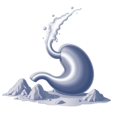 A human stomach is depicted as an erupting volcano. The stomach's shape is clearly identifiable, resembling a volcanic structure with a wide base and a narrow peak. From the top of the stomach, hot lava is flowing out, cascading down in thick streams. Surrounding the volcano, there are elements that suggest a tumultuous environment, including rocky outcrops and scattered debris. The scene conveys a sense of dynamic movement, as the lava appears to be bubbling and surging from the opening of the stomach.