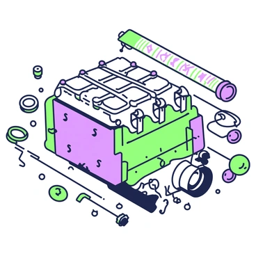An exploded view illustration of a car engine prominently displays its various components. The engine block is centrally located, with sections illustrating the cylinder head, pistons, and crankshaft. Surrounding these main parts are the intake manifold, exhaust manifold, and timing belt, each clearly labeled. Various nuts, bolts, and gaskets are scattered around the engine, indicating their positions. The illustration includes detailed textures on the engine components, showcasing the mechanical intricacies and connections between the parts.