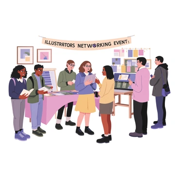 A digital flat illustration depicting a lively networking event for illustrators in Nottingham. In the foreground, a diverse group of people is mingling, engaged in animated conversations. On the left, a woman with dark curly hair is showing her sketchbook to a man with short brown hair, who is nodding in appreciation. In the center, a person with glasses and a bright blue shirt is gesturing excitedly while discussing ideas with another individual wearing a yellow dress. On the right, a couple is brainstorming together, one holding a tablet while the other is taking notes. Behind them, tables are set up displaying various art supplies and portfolios. A banner at the top reads "Illustrators Networking Event" in decorative lettering. The atmosphere is vibrant, with colorful artwork adorning the walls.