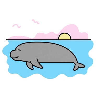 A dugong floating gently in the water, its large body partially submerged. The surface of the calm sea reflects the warm hues of a sunset, showing shades of orange and pink. The horizon is visible, with a few soft clouds scattered across the sky. The dugong's flippers are slightly spread out, and its eyes are closed, conveying a sense of relaxation in the tranquil environment. The surrounding water is clear, allowing glimpses of the sandy seabed below.