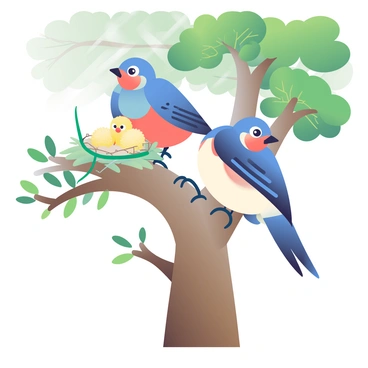 A bird with vibrant blue feathers is perched on a branch of a sturdy tree. Its sharp eyes are focused intently on the surroundings, displaying a watchful expression. Below the bird, there is a nest made of twigs and leaves, cradling three small, fluffy chicks with soft yellow fluff. The tree has rich green leaves, and the sunlight filters through them, casting soft shadows. The bird’s wings are slightly spread, ready to defend its young if needed. The scene reflects a moment of care and vigilance in nature.