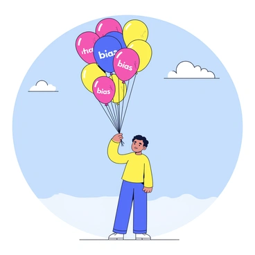 A person standing in an open area, releasing several colorful balloons into the sky. Each balloon is labeled with the word "bias" in bold, clear letters. The person has a neutral expression, wearing casual clothing. The balloons are a mix of bright colors, including red, blue, and yellow, and they ascend into a clear blue sky. The scene captures the moment just as the balloons begin to float away, with some gently drifting upward.