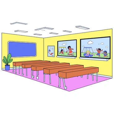 An empty classroom with wooden desks arranged in neat rows. The walls are painted a soft yellow, and there are colorful educational posters hanging on the walls. A chalkboard at the front of the room is blank, and a single green potted plant sits on the windowsill. Sunlight streams in through the windows, illuminating the dust particles in the air. Outside the window, children are visible playing on a playground, with swings and slides in the background. Laughter and joy can be sensed as they run around and play games.