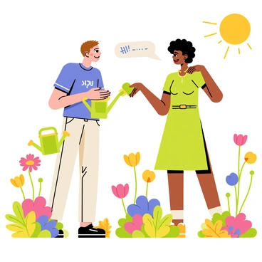 Two neighbors are standing in their vibrant gardens, each holding a watering can. One neighbor has short brown hair and is wearing a blue shirt, while the other has curly black hair and is dressed in a green dress. They are smiling at each other and saying "Hi!" in a friendly manner. Colorful flowers in various shapes and sizes surround them, creating a lively atmosphere. Sunlight casts a warm glow over the scene, enhancing the cheerful interaction.