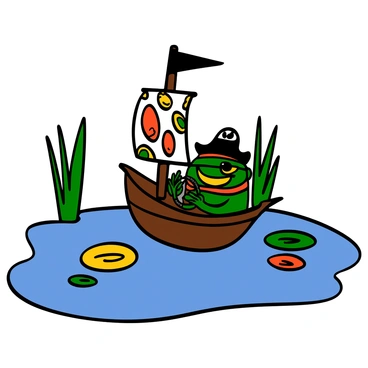 A pirate frog with green skin wearing an eye patch is confidently steering a small wooden ship on a tranquil pond. The frog has a wide grin and is dressed in a tiny pirate hat and a red bandana around its neck. The ship has sails made of patterned cloth, and a small Jolly Roger flag flutters at the top of the mast. Surrounding the pond are lush green reeds and colorful lily pads floating on the water's surface, reflecting the bright blue sky above. The scene conveys a sense of adventure and fun.
