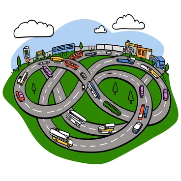 An aerial view of a complex highway interchange with multiple levels and curves. The interchange is busy with various vehicles including cars, trucks, and buses moving in different directions. There are clear lanes marked in white, and traffic signals visible among the bustling movement. The surrounding landscape includes patches of green grass and trees adjacent to the roads, as well as buildings in the distance. The sky is partly cloudy, adding depth to the scene.