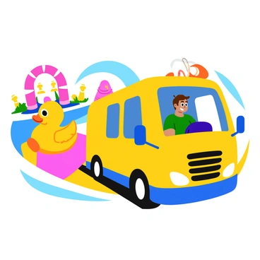 A smiling bus driver with a cheerful expression is seated in the driver's seat of a large, colorful bus. The bus is brightly painted in shades of yellow and blue, featuring fun patterns. In the background, a comically oversized obstacle course is visible, with giant inflatable hurdles, oversized traffic cones, and enormous hoops. The course is filled with vibrant colors and exaggerated shapes, creating a playful atmosphere. The bus driver is skillfully maneuvering the bus around a giant rubber duck and a massive balloon animal, showcasing a sense of joy and adventure.