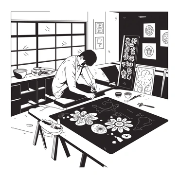 An artisan is focused on crafting intricate Bidriware designs in a spacious workshop. The artisan is sitting on a wooden stool, surrounded by various tools made of metal and wood. A large piece of dark, polished Bidri metal is placed on the workbench in front of him, showcasing the intricate patterns being etched into it. Sunlight streams through a window, illuminating the dust particles in the air and casting shadows on the floor. The walls are adorned with samples of completed Bidriware pieces, displaying an array of detailed designs. Small pots of white inlay materials are placed nearby, ready for use in the crafting process. The atmosphere is filled with creativity and craftsmanship.