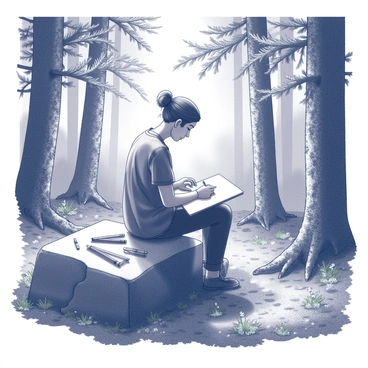 An artist is seated on a large, moss-covered rock in a dense forest. They are focused on sketching in a large notebook resting on their lap. Surrounding them are tall trees with rough bark, their leaves creating intricate shadows on the ground. The artist has a variety of drawing tools scattered around, including pencils and charcoal. Sunlight filters through the canopy above, illuminating patches of ground covered with ferns and wildflowers. The scene conveys a sense of immersion in nature, with the artist fully engaged in capturing the beauty of the forest.