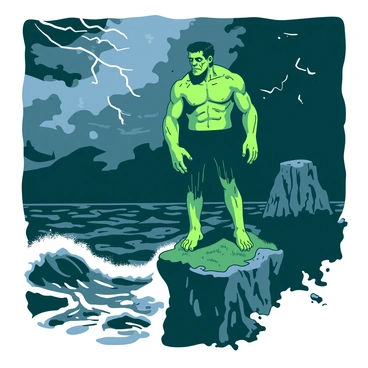 The creature from Frankenstein standing on a stormy cliff, overlooking a dark sea.