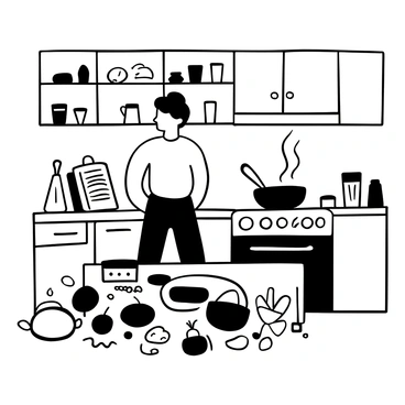 A young adult standing in a kitchen, focused on cooking a meal. The individual is surrounded by an assortment of ingredients spread across the counter, including vegetables, spices, and a cutting board. There is a frying pan on the stove with steam rising from it. A cookbook is open nearby, propped up on the counter. Various utensils are scattered around, including a knife and measuring cups. The kitchen has cabinets and shelves with additional cooking supplies visible in the background.