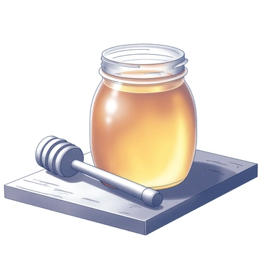 A jar of amber-colored honey with a wooden dipper resting on a rustic kitchen table